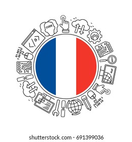 Internet technology and programming in France round shape background with linear icons set. Html, php and code circle pattern with line style icons with France flag.
