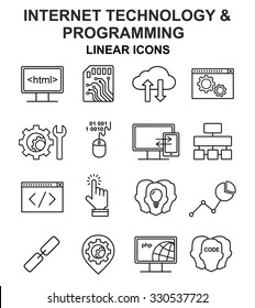 Internet technology and programming linear icons set. Html, php and code line style icons.