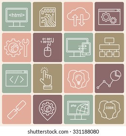 Internet technology and programming linear icons set. Html, php and code line style icons.