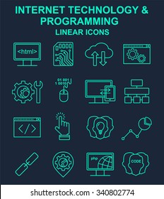 Internet technology and programming linear icons set on black. Html, php and code line style icons.