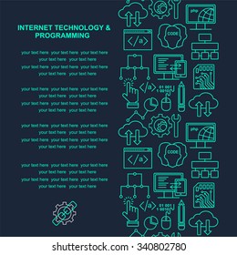 Internet technology and programming pattern with linear icons on black. Line style html, php and code background with place for text.