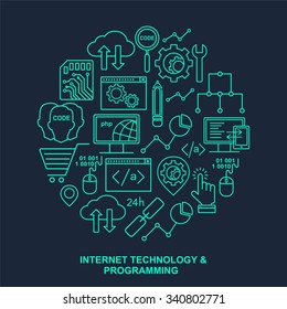 Internet technology and programming round shape pattern with linear icons on black. Line style html, php and code background with place for text.