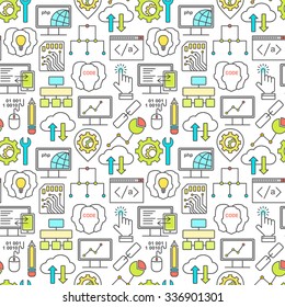 Internet technology and programming seamless background with colored linear icons set. Html, php and code seamless pattern with line style icons.