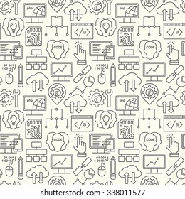 Internet Technology And Programming Seamless Background With Linear Icons Set. Html, Php And Code Seamless Pattern With Line Style Icons.