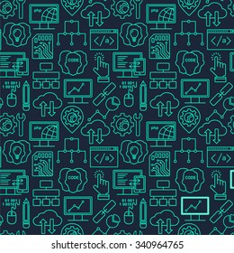 Internet Technology And Programming Seamless Background With Linear Icons Set. Html, Php And Code Seamless Pattern With Line Style Icons On Black.