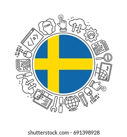 Internet technology and programming in Sweden round shape background with linear icons set. Html, php and code circle pattern with line style icons with Sweden flag.