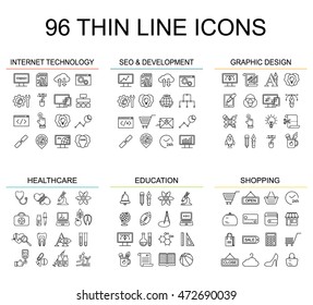 Internet technology, seo and development, graphic design, healthcare and medical, education and school, sale and shopping line style icons set. Linear symbols. 