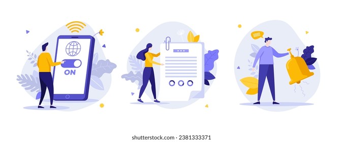 Internet technology service flat concept vector illustrations set. Online data processing for business cartoon composition. Digital network notificatins creative idea for website, presentation
