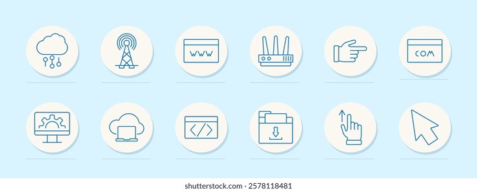 Internet technology set icon. Cloud computing, antenna, website, router, hand pointer, domain, settings, laptop, coding, download, upload, cursor