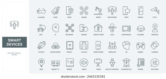 Internet technology for smart home and car, gadgets for audio and video, virtual glasses and gloves thin black and red outline symbols, vector illustration. Smart devices and equipment line icons set