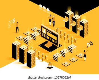 Internet technology. Smart industry. Blockchain, internet of things and lifestyle. People using connected devices and touch screen interfaces. Vector isometric illustration