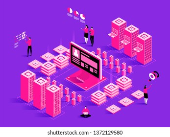 Internet technology. Smart industry. Blockchain, internet of things and lifestyle. People using connected devices and touch screen interfaces. Vector isometric illustration