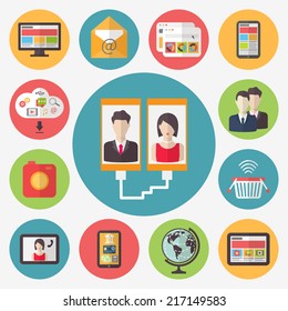 Internet technology, wireless connection, social media, online banking and e-commerce. Vector icons set.