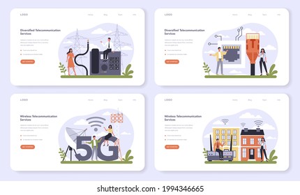 Internet Telecommunication Services Sector Of The Economy Web Banner Or Landing Page Set. Wireless Technology Industry. Modern Global Communication Infrastructure. Isolated Flat Vector Illustration