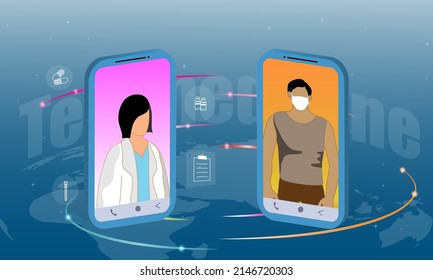 2 Smartphones auf der Weltkarte Text-Telemedizin mit blauem Hintergrund Medizinische Kommunikationstechnologie und Internet