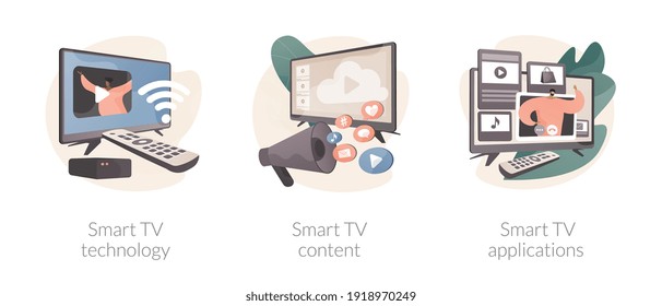 Conjunto de ilustraciones vectoriales de concepto abstracto de televisión por Internet. Tecnología SmartTV, contenido de video 4k, desarrollo de aplicaciones de televisión, contenido de cine en casa, metáfora abstracta de transmisión en línea.