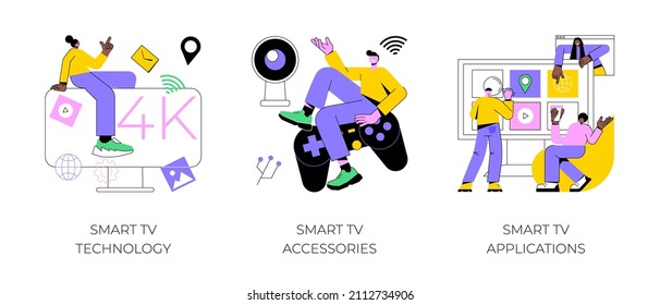 Conjunto de ilustraciones vectoriales de concepto abstracto de televisión por Internet. Tecnología SmartTV, accesorios y aplicaciones, streaming en línea, cine en casa, video 4k, aplicación de software de descarga metáfora abstracta.