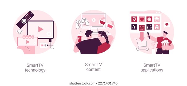 Conjunto de ilustraciones vectoriales de concepto abstracto de televisión por Internet. Tecnología SmartTV, contenido de video 4k, desarrollo de aplicaciones de televisión, contenido de cine en casa, metáfora abstracta de transmisión en línea.