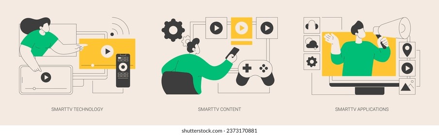 Internet television abstract concept vector illustration set. SmartTV technology, 4k video content, television applications development, home cinema content, online streaming abstract metaphor.