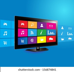 Internet television concept: colorful application icons on blue background 