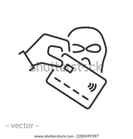 internet theft icon, online payment scam, scam or corruption with credit card,, hacker steals money, thin line symbol on white background - editable stroke vector illustration