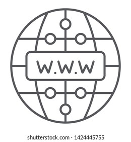 Internet thin line icon, website and globe, network sign, vector graphics, a linear pattern on a white background, eps 10.