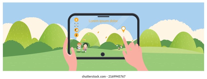 internet of thing system (IOT).Kids use tablet devices to searching environment data while enjoying their long-awaited vacations and staycations.School's out stories in spring or summer with IOT.