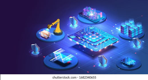 Internet of things abstract blue central processing unit isometric icon in center of background. Creation and optimization of the layout of the site interface.Artificial intelligence, machine learning