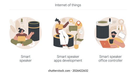 Internet of things abstract concept vector illustration set. Smart speaker apps development and office controller, virtual home automation hub, speech recognition, voice assistant abstract metaphor.