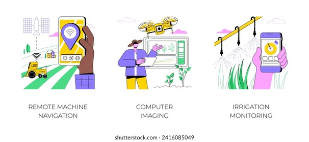 Internet Of Things in agriculture isolated cartoon vector illustrations set. Remote machine navigation, computer imaging, irrigation monitoring, sensor control, smart farming vector cartoon.