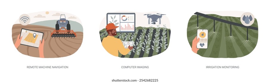 Internet das coisas na agricultura ilustrações isoladas do vetor do desenho animado conjunto. Navegação de máquina remota, imagem de computador, monitoramento de irrigação, controle de sensores, desenho animado de vetor agrícola inteligente.