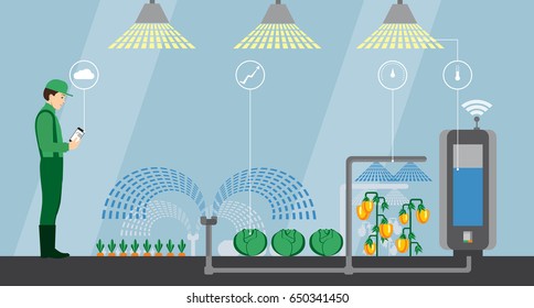 Internet Of Things In Agriculture. Smart Farm With Wireless Control. Vector Illustration.