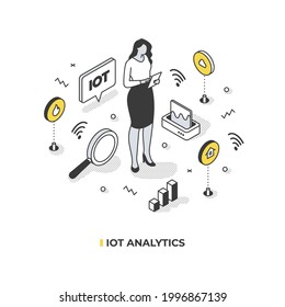 Internet of things analytics. Woman analyst gathers data from sensors and devices. IOT technology concept. Abstract isometric illustration