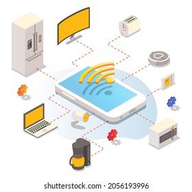 Internet de cosas, hogar automatizado, ilustración isométrica de vector plano. Aparatos y dispositivos domésticos inteligentes controlados por teléfono móvil. Iot, tecnología inalámbrica de casa inteligente.