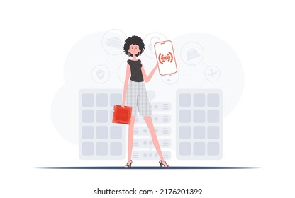 Internet der Dinge und Automatisierungskonzept. Das Mädchen hält ein Telefon mit dem IoT-Logo in den Händen. Vektorgrafik im Flachstil.