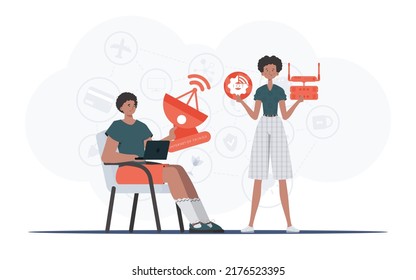 Internet of things and automation concept. The girl and the guy are a team in the field of Internet of things. Good for presentations and websites. Vector illustration in trendy flat style.