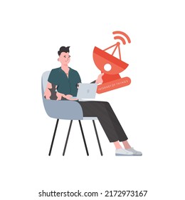 Internet der Dinge und Automatisierungskonzept. Der Typ hält eine Satellitenschüssel in den Händen. Einzeln. Vektorgrafik im trendigen Flachstil.