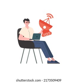Internet of things and automation concept. The guy is holding a satellite dish in his hands. Isolated on white background. Vector illustration in flat style.