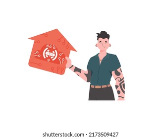 Internet of things and automation concept. The guy is shown to the waist. A man holds an icon of a house in his hands. Isolated. Vector illustration in trendy flat style.