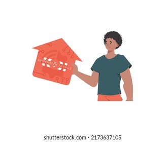 Internet of things and automation concept. The guy is shown to the waist. A man holds an icon of a house in his hands. Isolated. Vector illustration in flat style.