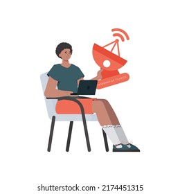 Internet of things and automation concept. The guy is holding a satellite dish in his hands. Isolated. Vector illustration in flat style.