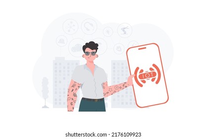 Internet of things and automation concept. A man holds a phone with the IoT logo in his hands. Vector.