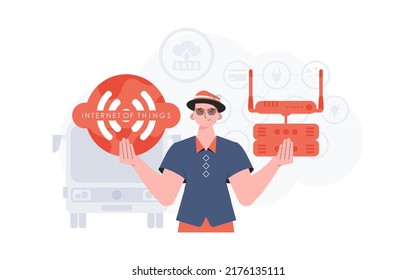 Internet de las cosas y concepto de automatización. Un hombre tiene en sus manos un icono de Internet. Enrutador y servidor. Bueno para sitios web y presentaciones. Ilustración vectorial en estilo plano de moda.