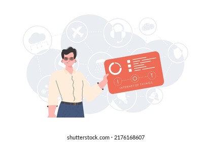 Internet of things and automation concept. A man holds a panel with analyzers and indicators in his hands. Good for websites and presentations. Vector illustration in trendy flat style.