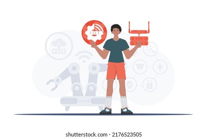 Internet of things and automation concept. A man is holding an internet thing icon in her hands. Router and server. Good for websites and presentations. Trendy flat style. Vector illustration.