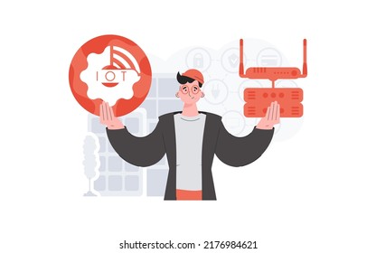 Internet of things and automation concept. A man is holding an internet thing icon in her hands. Router and server. Good for presentations and websites. Vector illustration in trendy flat style.