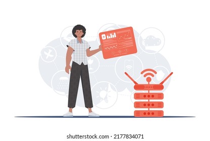Internet of things and automation concept. A man holds a panel with analyzers and indicators in his hands. Good for websites and presentations. Vector illustration.