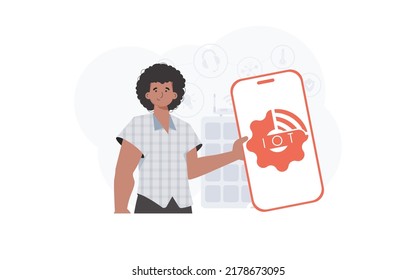 Internet of things and automation concept. A man holds a phone with the IoT logo in his hands. Vector illustration in flat style.