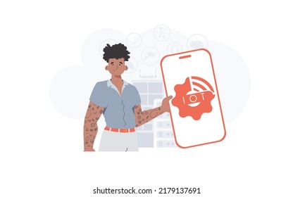 Internet de las cosas y concepto de automatización. Un hombre sostiene un teléfono con el logo de IoT en sus manos. Estilo moderno y plano. Ilustración vectorial.