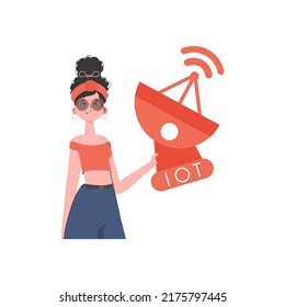 Internet of things and automation concept. A woman holds a satellite dish in her hands. Isolated. Vector illustration in flat style.